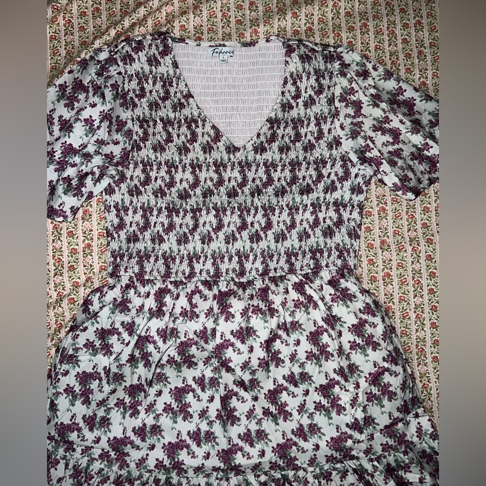 NWOT FEHRNVI Tayla Taupe Purple Floral Midi Cottagecore / Prairie Dress Large - Picture 6 of 10